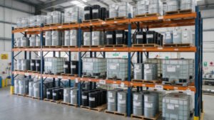 Drums and pails of silicone oil stored in a temperature-controlled warehouse