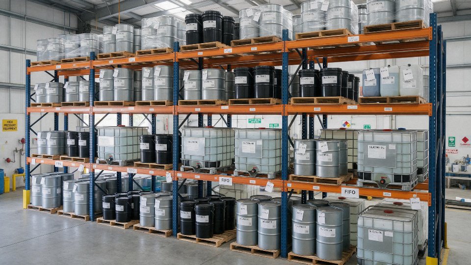 Drums and pails of silicone oil stored in a temperature-controlled warehouse