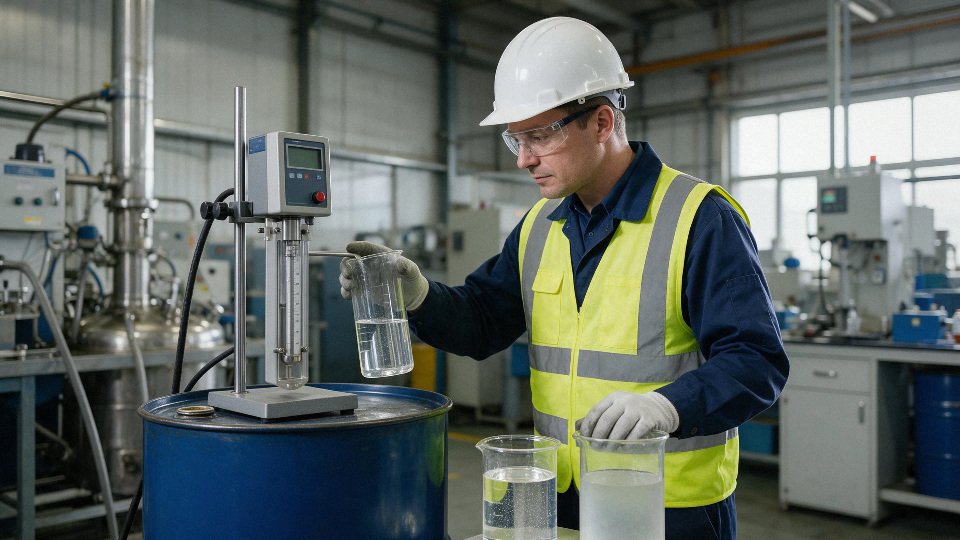 silicone-oil-shelf-life-01-inspector-checking-clear-and-hazy-silicone-oil-samples-beside-drum-and-viscometer