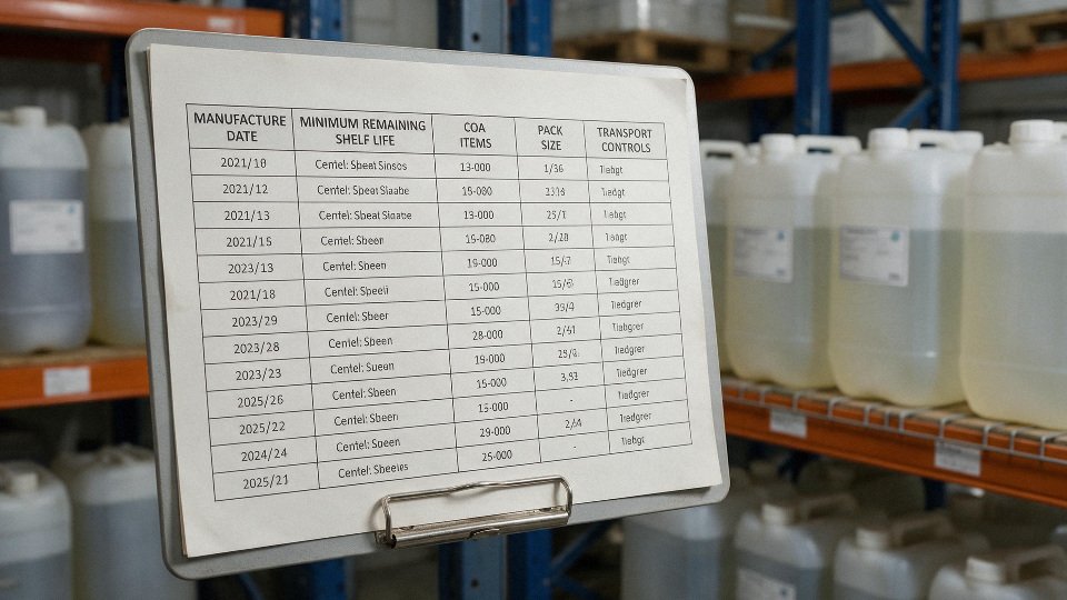 silicone-oil-shelf-life-01-procurement-checklist-board-showing-manufacture-date-minimum-remaining-shelf-life-coa-items-pack-size-and-transport-controls