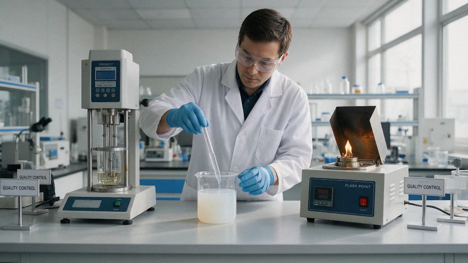 silicone-oil-standards-01-laboratory-technician-measuring-silicone-oil-viscosity-and-flash-point-with-labeled-quality-control-checkpoints