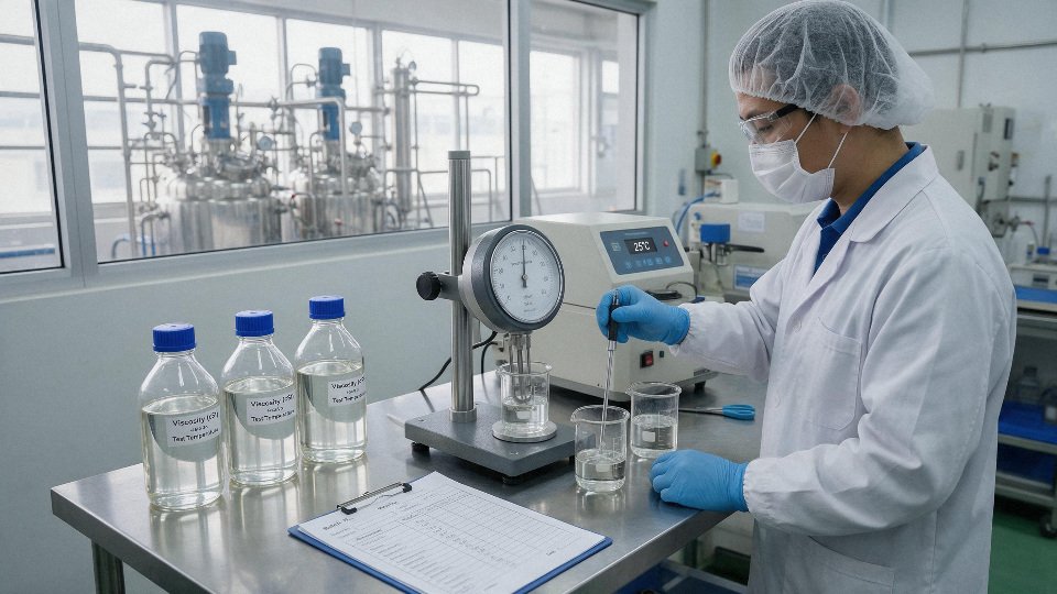 Technician checking silicone oil viscosity in an industrial quality control lab