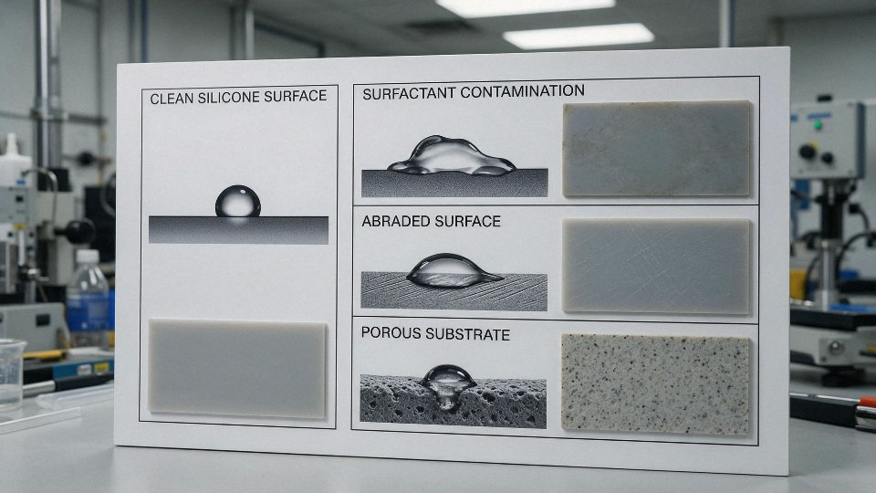 silicone-oil-water-repellent-01-failure-modes-chart-showing-clean-silicone-surface-vs-surfactant-contaminated-abraded-and-porous-substrate-behavior