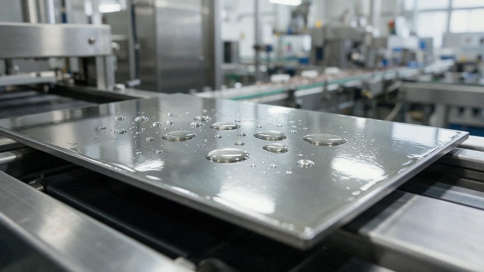 Water beading on a silicone oil coated industrial metal surface