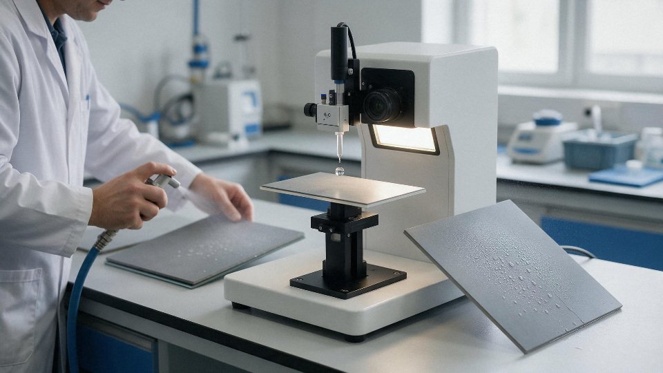 silicone-oil-water-repellent-01-qc-lab-checking-water-contact-angle-and-spray-test-on-treated-substrates
