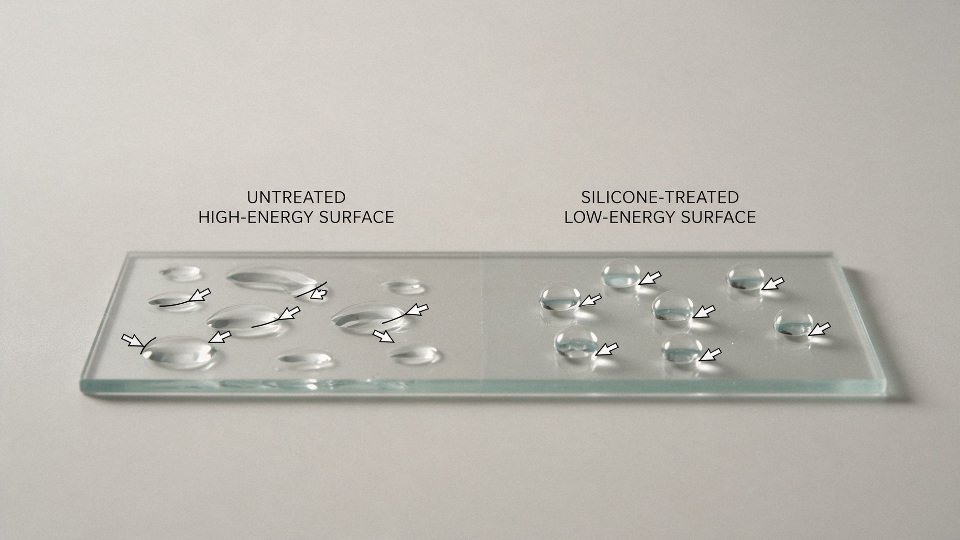 silicone-oil-water-repellent-01-schematic-showing-water-droplet-on-untreated-high-energy-surface-versus-silicone-treated-low-energy-surface-with-contact-angle-hysteresis-arrows
