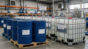 Sealed silicone oil drums stored indoors in a clean temperature-controlled warehouse
