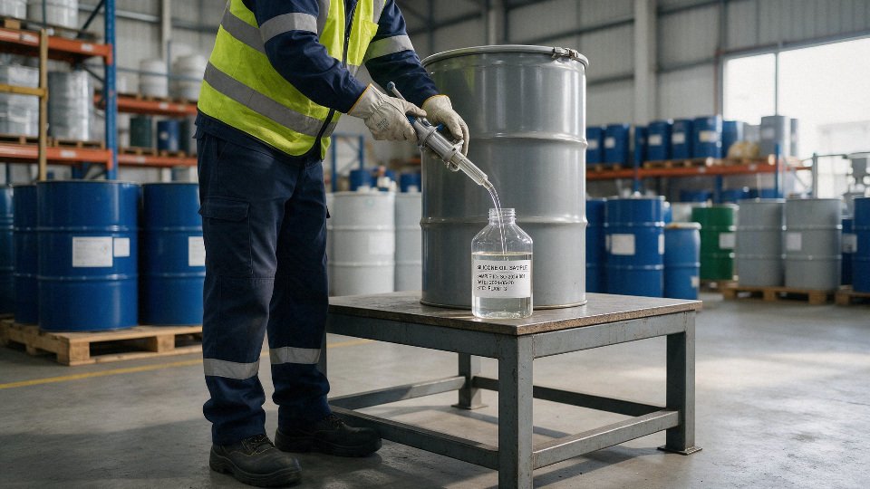 store-silicone-oil-safely-01-sampling-silicone-oil-from-drum-with-clean-closed-sampler-and-labeled-bottle