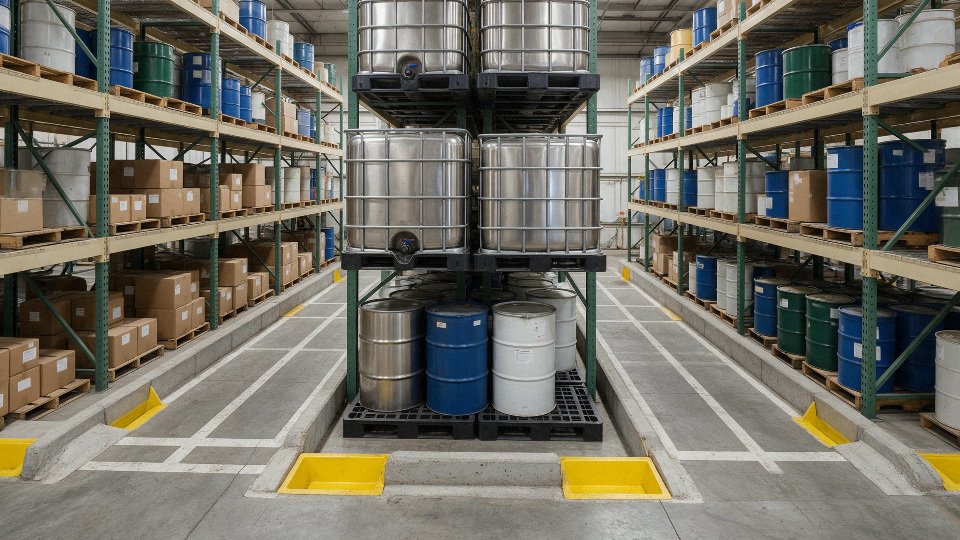 store-silicone-oil-safely-01-warehouse-layout-for-drums-ibcs-and-secondary-containment
