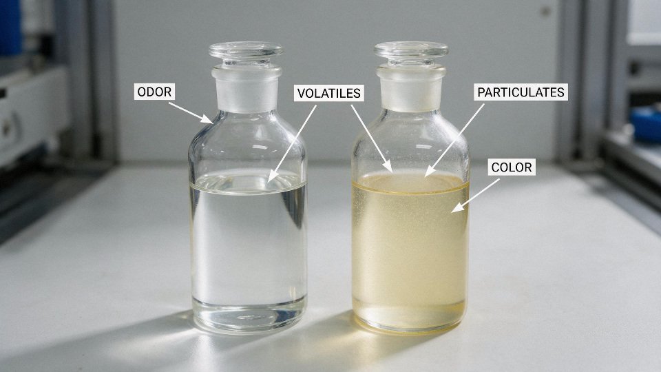 technical-vs-cosmetic-silicone-oil-01-clear-vs-hazy-silicone-oil-samples-with-callouts-for-odor-volatiles-particulates-and-color