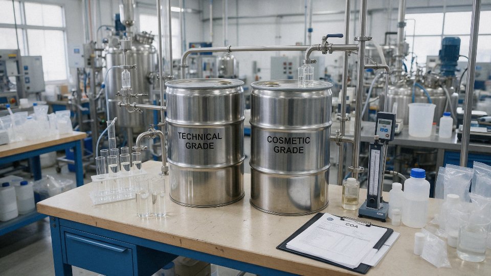 Two silicone oil drums representing technical grade and cosmetic grade in a quality control setting