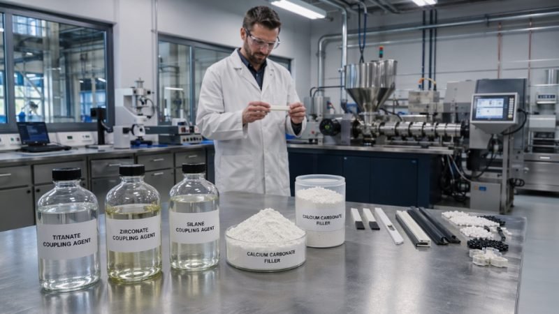 Industrial formulation lab with multiple coupling agent samples, filled polymer compounds, and testing equipment on a stainless steel workbench