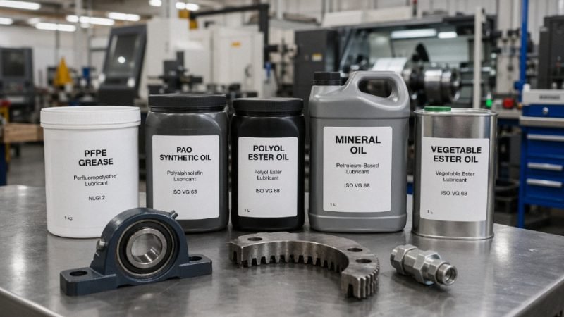 Row of industrial lubricant containers including PFPE, PAO, and ester-based fluids on a workshop bench beside mechanical components