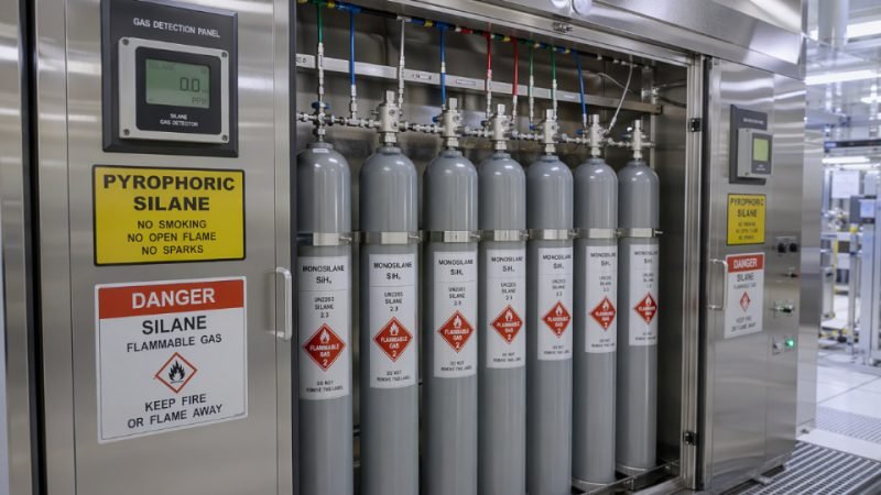High-pressure silane gas cylinders in a semiconductor fab gas cabinet with labeled piping and safety monitoring equipment