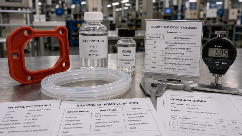 Industrial silicone materials and specification documents on a factory workbench