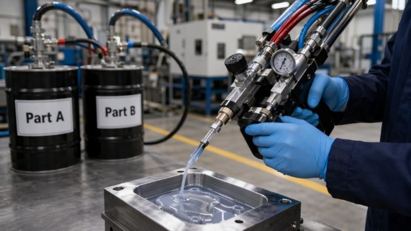 Industrial worker dispensing liquid silicone rubber from a two-component metering system onto a production line