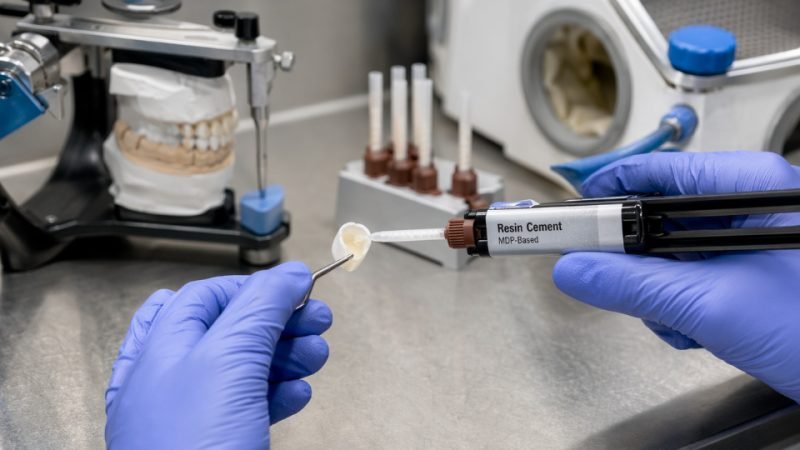 Dental technician applying MDP-based resin cement to a zirconia crown before placement