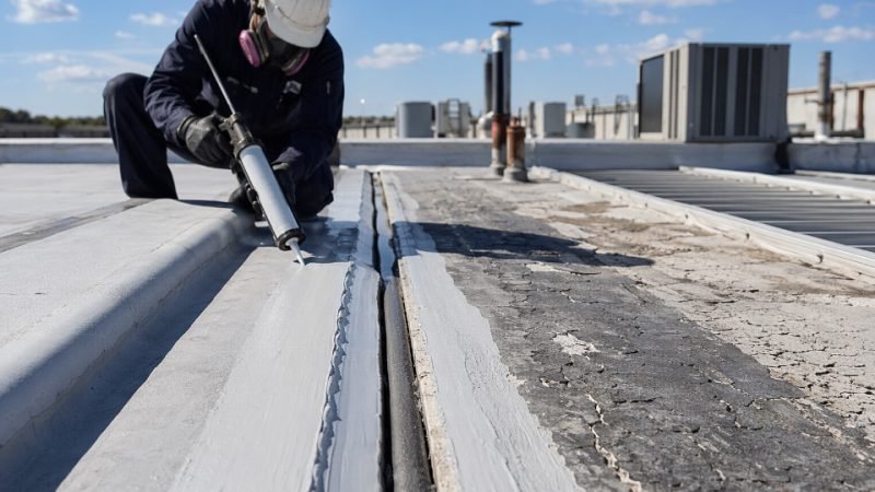Industrial rooftop membrane installation showing silicone coating being applied over an expansion joint
