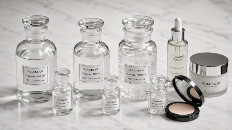Assorted cosmetic silicone oil grades in laboratory bottles alongside finished skincare products on a white surface