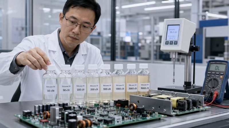 Engineer selecting silicone oil grade for electronics cooling application in an industrial lab setting