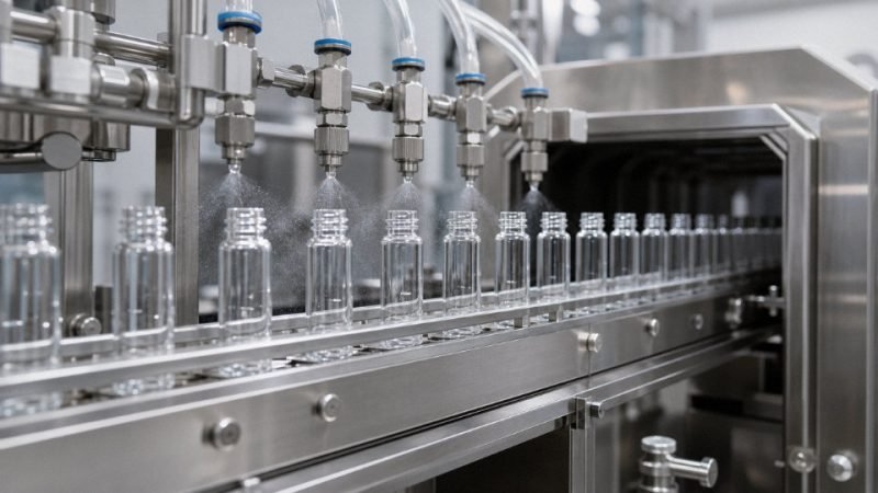 Pharmaceutical-grade silicone oil being applied to prefilled syringe barrels on an industrial fill-finish line