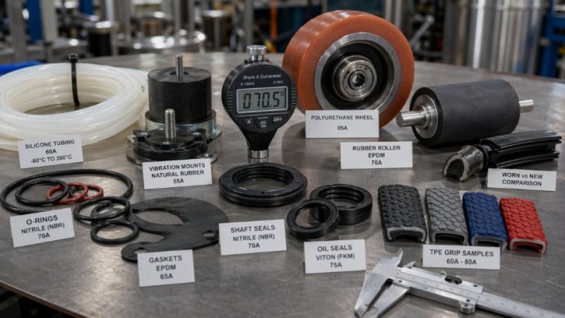 Industrial elastomer samples and rubber-like parts on a workbench