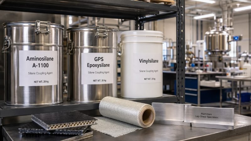 Rows of industrial silane coupling agent chemical drums on a warehouse shelf beside composite material samples and glass fiber fabric