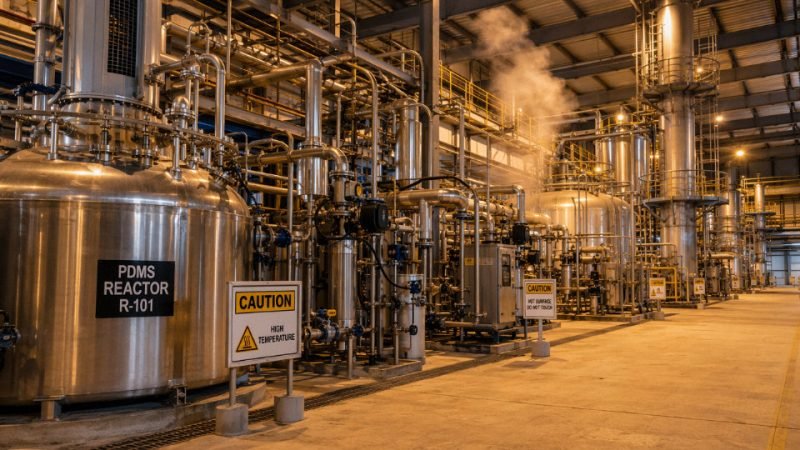 Large-scale silicone oil production facility with stainless steel reactor vessels and piping