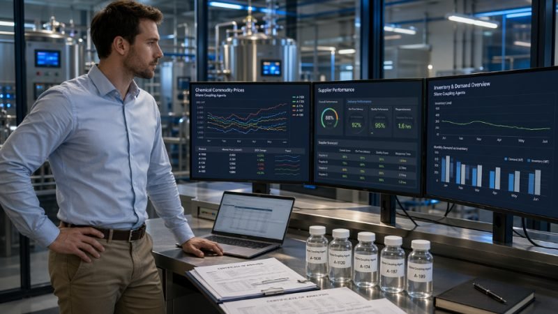Procurement engineer reviewing real-time silane coupling agent price data on a multi-screen digital dashboard in an industrial chemical facility