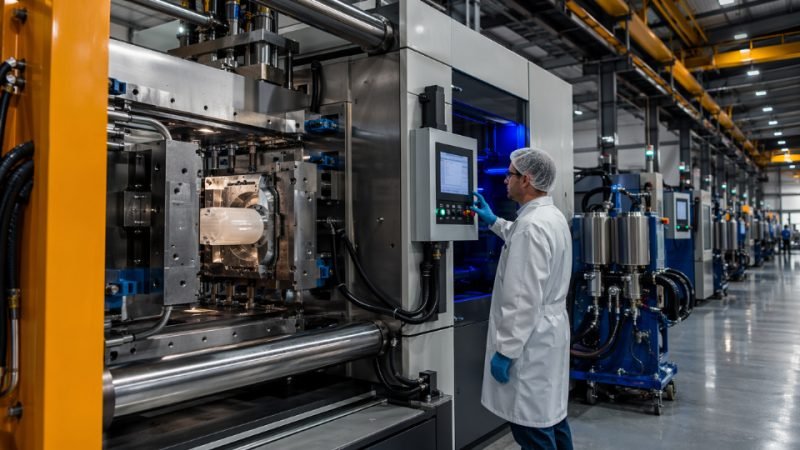 Industrial LSR injection molding machine running liquid silicone rubber parts on a production floor