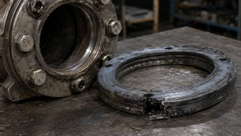 Torn and degraded silicone gasket removed from an industrial flange showing mechanical failure