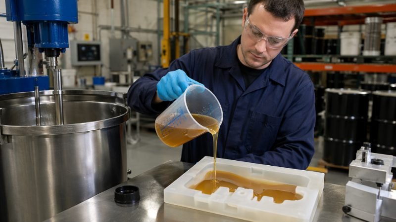 Worker mixing two-part liquid rubber compound in an industrial setting before pouring into a mold