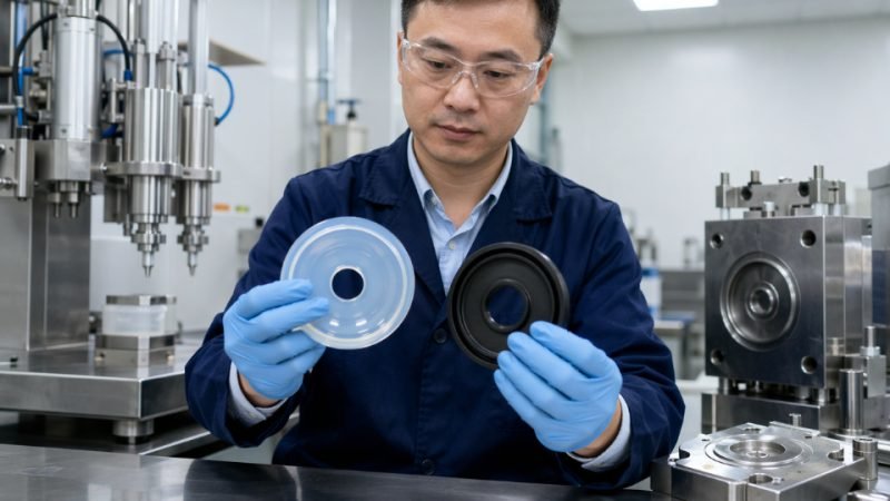 Engineer holding a translucent liquid silicone rubber molded part alongside a conventional black rubber gasket for comparison