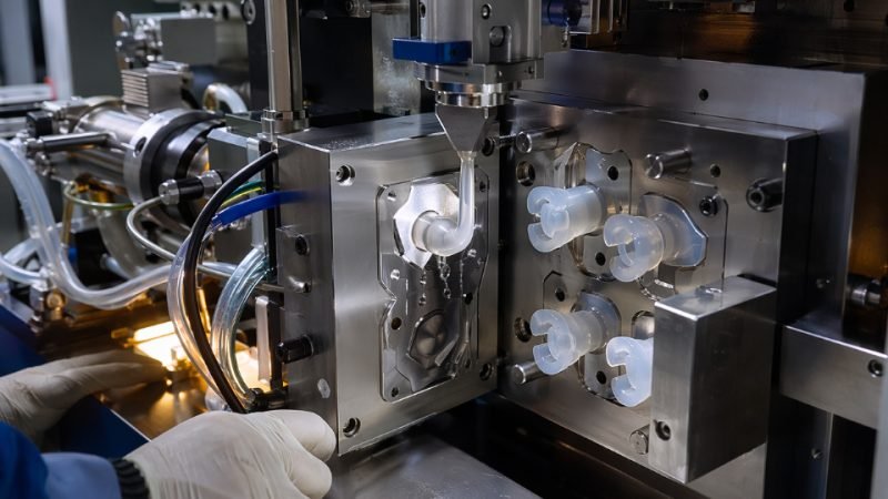 Liquid silicone rubber being injected into a precision industrial mold, illustrating the hardening process