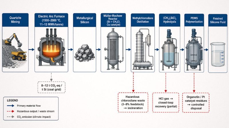 Simplified process flow diagram of Müller-Rochow synthesis from silicon to PDMS with hazardous output streams