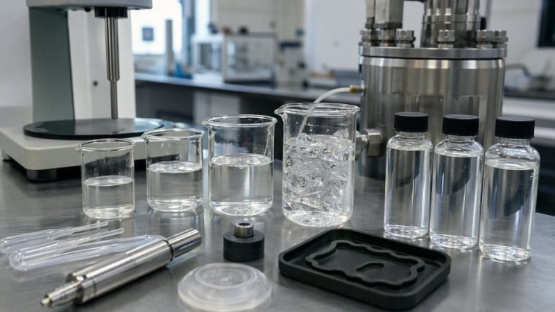 Clear silicone oil samples in an industrial laboratory with viscosity and application testing equipment