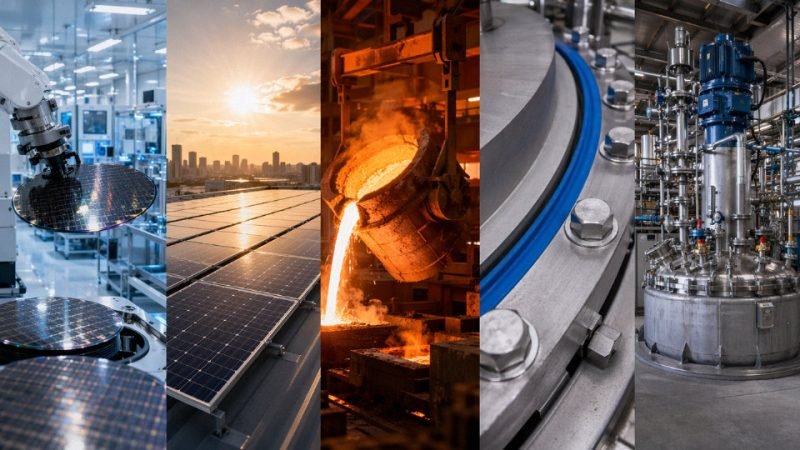 Five industrial uses of silicon displayed across a modern manufacturing facility including semiconductors, solar panels, and metal casting