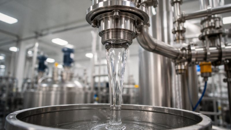Close-up of clear silicone oil flowing from industrial dispensing equipment in a manufacturing facility
