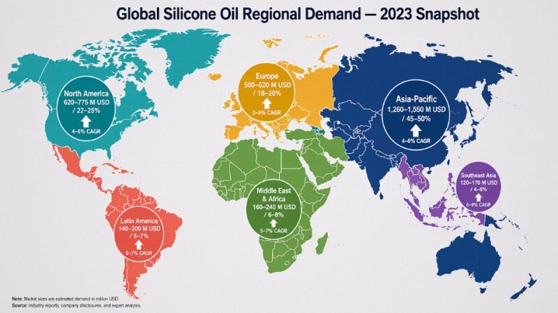 Flat vector world map showing regional silicone oil consumption share with proportional bubble overlays