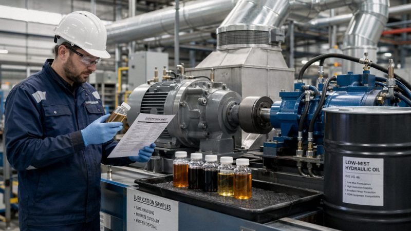 Industrial maintenance technician selecting a low-hazard lubricant for factory equipment