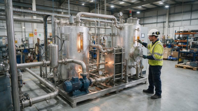 Industrial silicone oil heating system with hot fluid loop and operator inspection