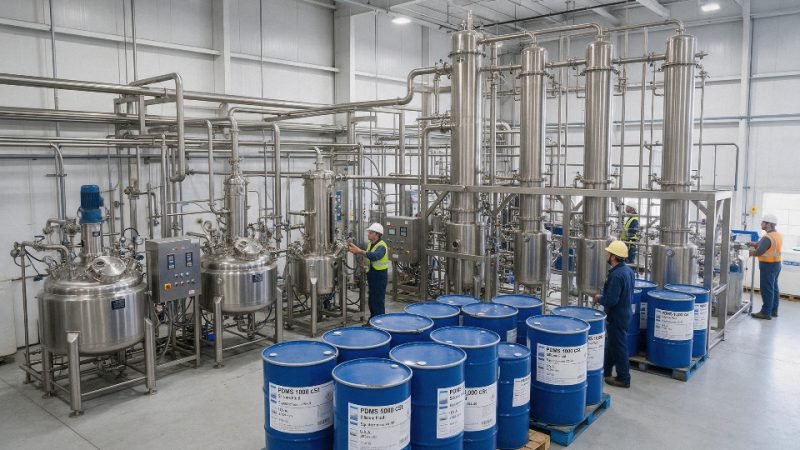 Silicone oil production line with stainless steel reactors and storage drums