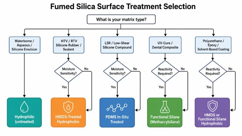 Decision tree diagram for selecting fumed silica surface treatment based on matrix type and moisture sensitivity