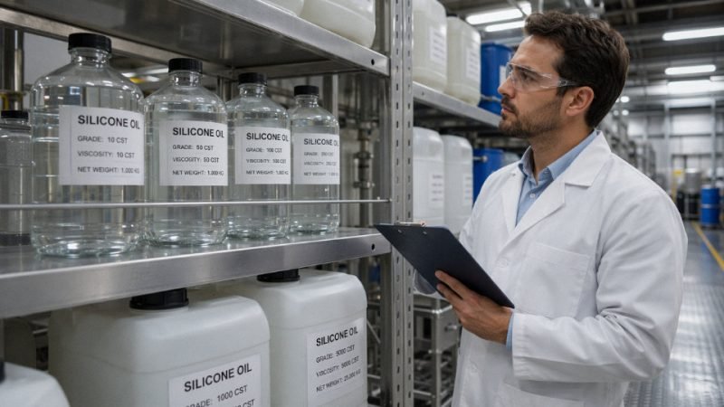 Industrial engineer inspecting rows of silicone oil containers in a chemical storage facility