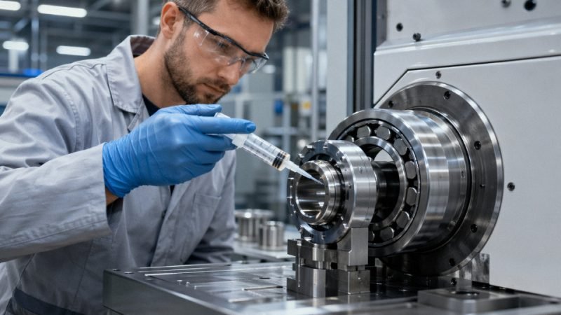Industrial technician applying silicone oil to a precision bearing assembly on a production line