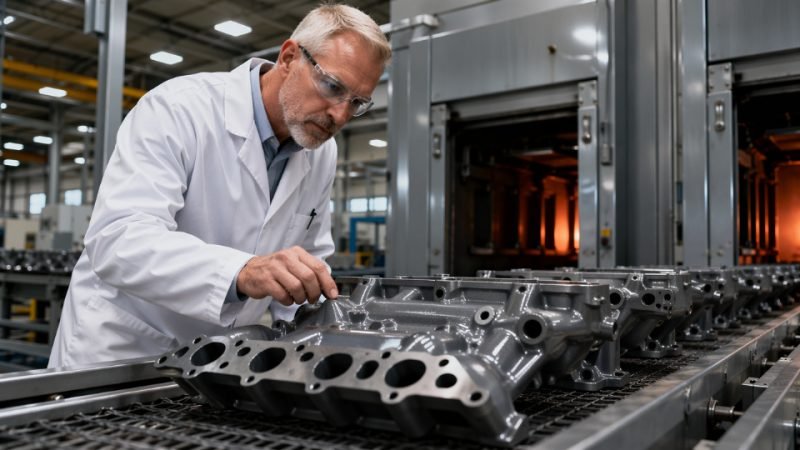 Industrial technician inspecting silicone resin coating on metal components in a manufacturing facility