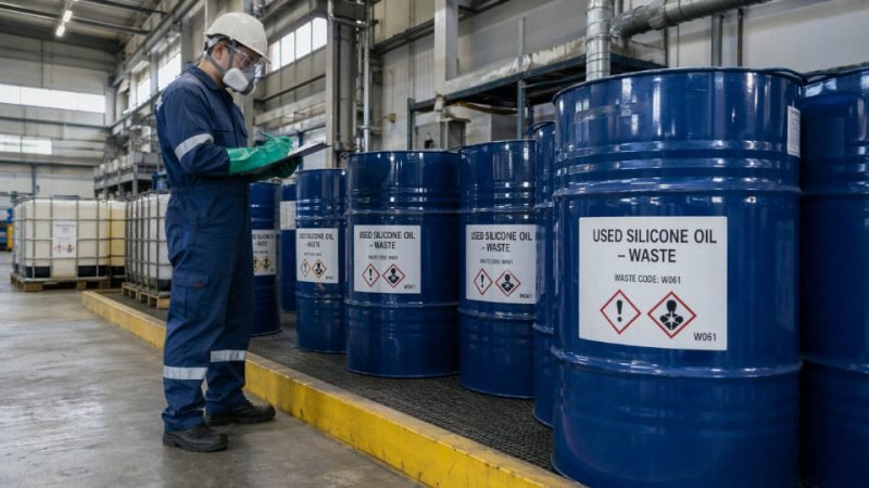 Industrial worker in PPE inspecting labeled drums of used silicone oil in a factory waste storage area