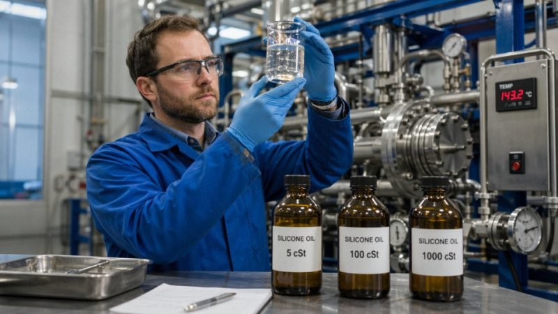 Engineer examining silicone oil viscosity grades in an industrial fluid-selection environment