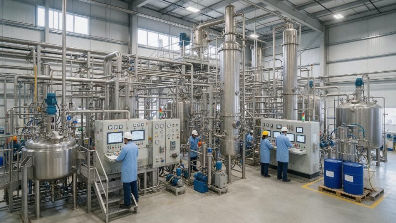 Industrial silicone oil production line with reactors, distillation columns, and storage tanks