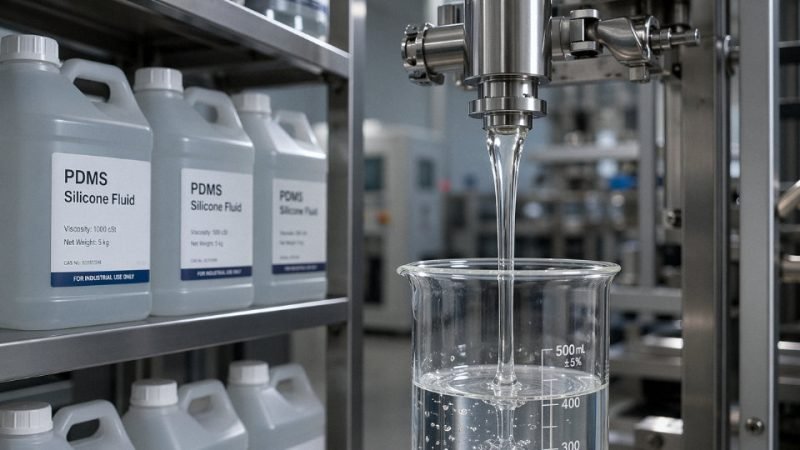 Clear silicone oil being poured in an industrial setting, representing diverse manufacturing applications